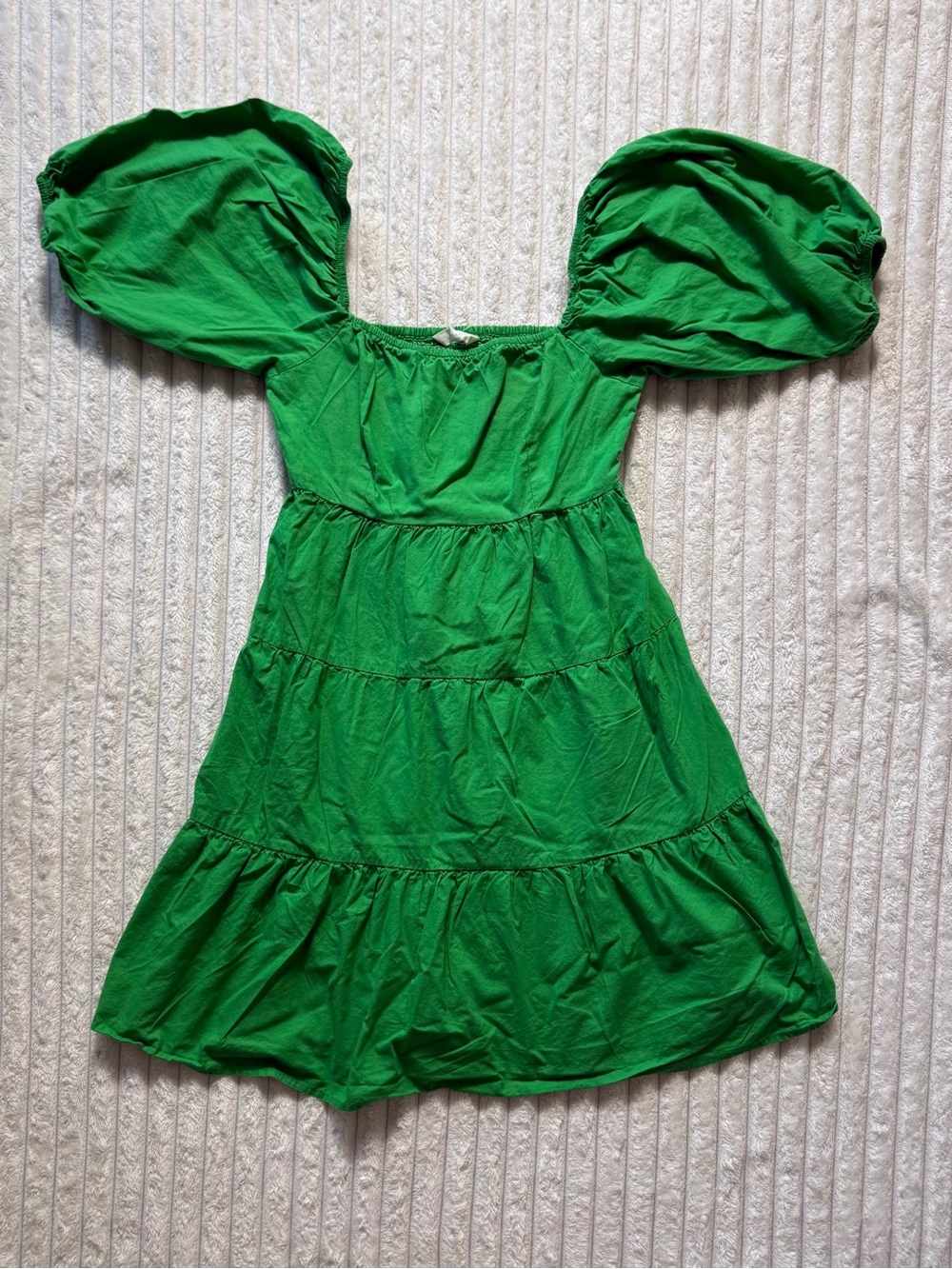 Sim&Sam Green Solid A-Line Square Neck Puff Sleeve Smocked Mini Dress Size S